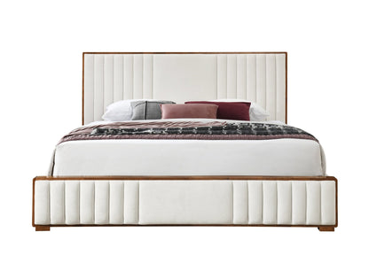 Kaleea Beige Chenille & Walnut Finish EK Bed - 1st Choice Furniture Direct