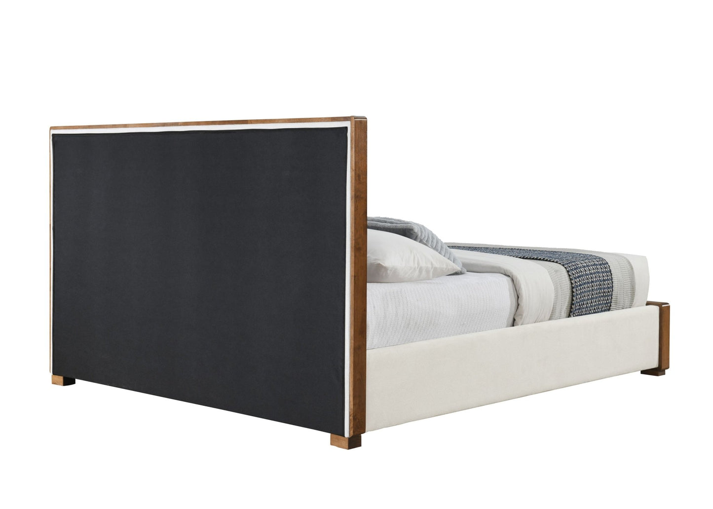 Kaleea Beige Chenille & Walnut Finish EK Bed - 1st Choice Furniture Direct