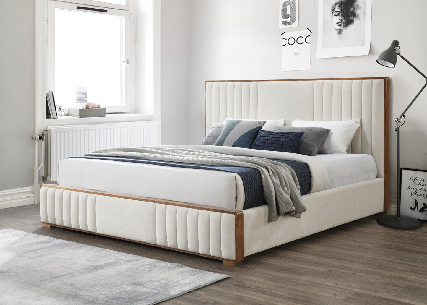 Kaleea Beige Chenille & Walnut Finish EK Bed - 1st Choice Furniture Direct