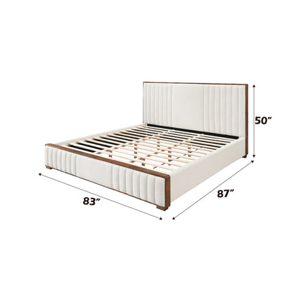 Kaleea Beige Chenille & Walnut Finish EK Bed - 1st Choice Furniture Direct