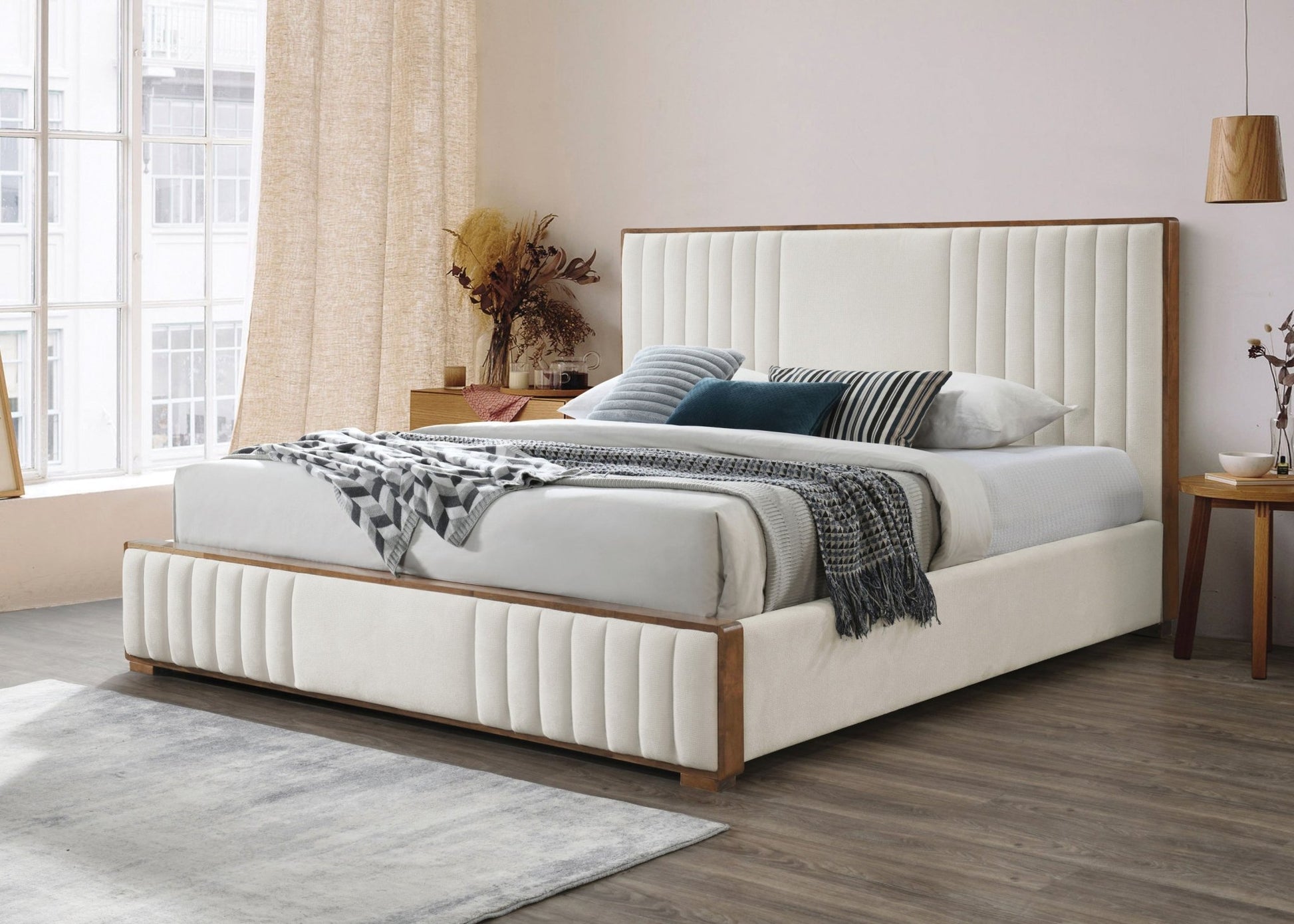 Kaleea Beige Chenille & Walnut Finish EK Bed - 1st Choice Furniture Direct