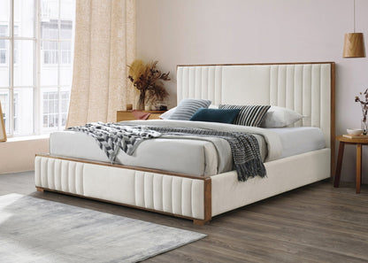 Kaleea Beige Chenille & Walnut Finish EK Bed - 1st Choice Furniture Direct