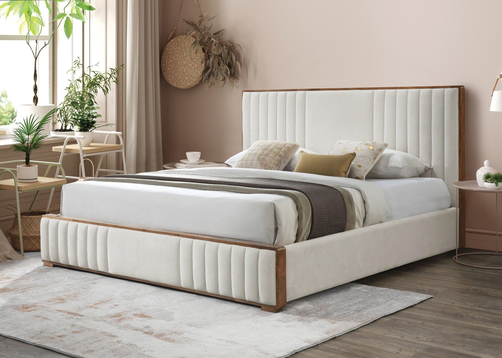 Kaleea Beige Chenille & Walnut Finish Queen Bed - 1st Choice Furniture Direct