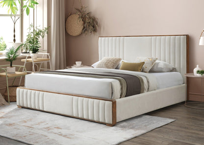 Kaleea Beige Chenille & Walnut Finish Queen Bed - 1st Choice Furniture Direct