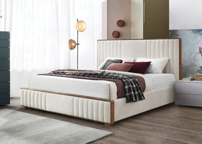 Kaleea Beige Chenille & Walnut Finish Queen Bed - 1st Choice Furniture Direct