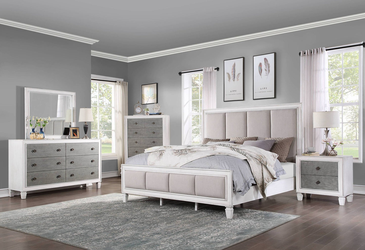 Katia Light Gray Linen, Rustic Gray & Weathered White Finish E. King Bed - 1st Choice Furniture Direct