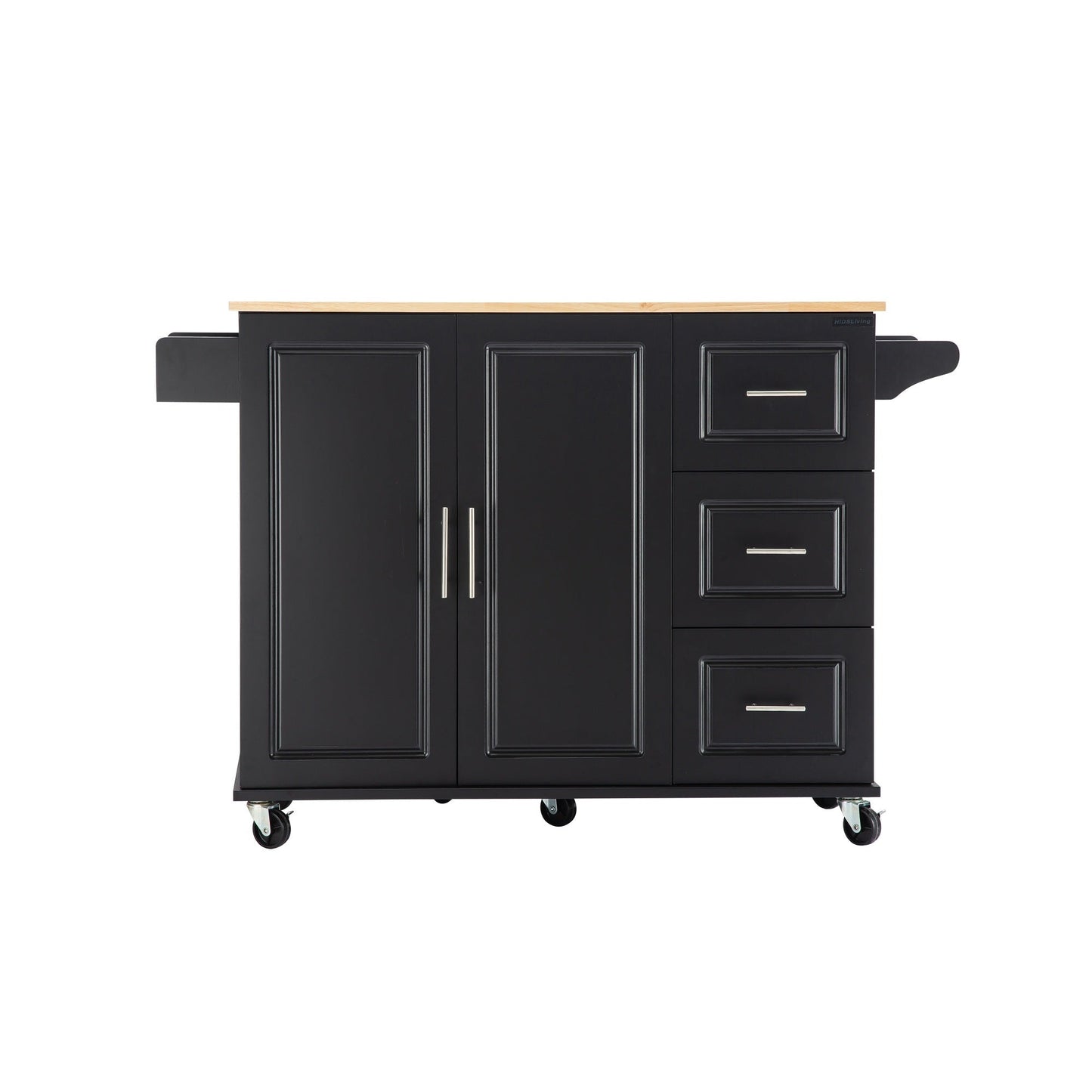 Kitchen Island & Kitchen Cart, Mobile Kitehcn Island with Extensible Rubber Wood Table Top,adjustable Shelf Inside Cabinet for Different Utensils, 3 Big Drawers, with Spice Rack, Towel Rack, Black - Bee - 1st Choice Furniture Direct