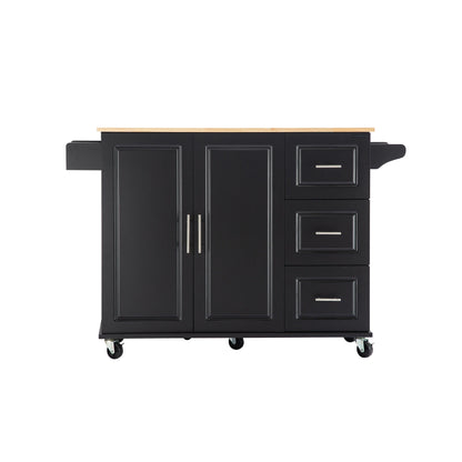 Kitchen Island & Kitchen Cart, Mobile Kitehcn Island with Extensible Rubber Wood Table Top,adjustable Shelf Inside Cabinet for Different Utensils, 3 Big Drawers, with Spice Rack, Towel Rack, Black - Bee - 1st Choice Furniture Direct