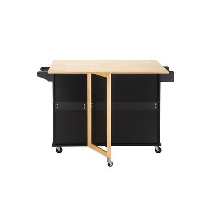 Kitchen Island & Kitchen Cart, Mobile Kitehcn Island with Extensible Rubber Wood Table Top,adjustable Shelf Inside Cabinet for Different Utensils, 3 Big Drawers, with Spice Rack, Towel Rack, Black - Bee - 1st Choice Furniture Direct
