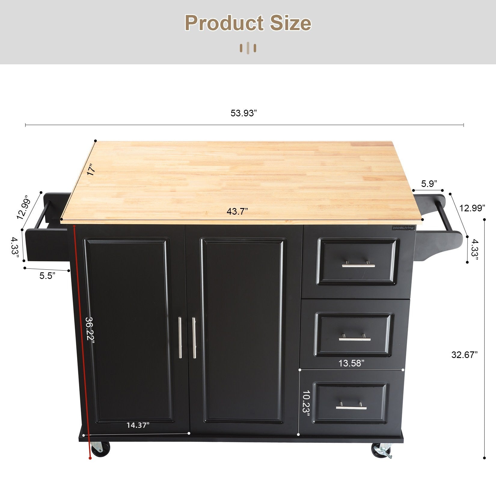 Kitchen Island & Kitchen Cart, Mobile Kitehcn Island with Extensible Rubber Wood Table Top,adjustable Shelf Inside Cabinet for Different Utensils, 3 Big Drawers, with Spice Rack, Towel Rack, Black - Bee - 1st Choice Furniture Direct