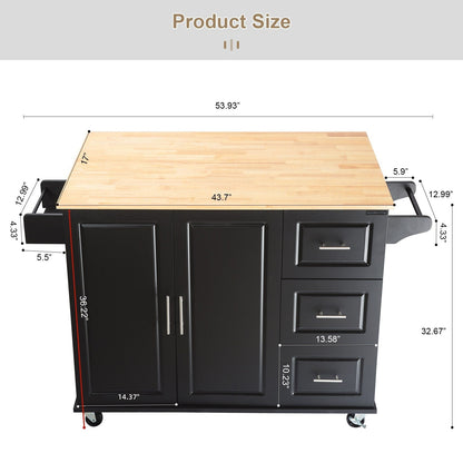 Kitchen Island & Kitchen Cart, Mobile Kitehcn Island with Extensible Rubber Wood Table Top,adjustable Shelf Inside Cabinet for Different Utensils, 3 Big Drawers, with Spice Rack, Towel Rack, Black - Bee - 1st Choice Furniture Direct