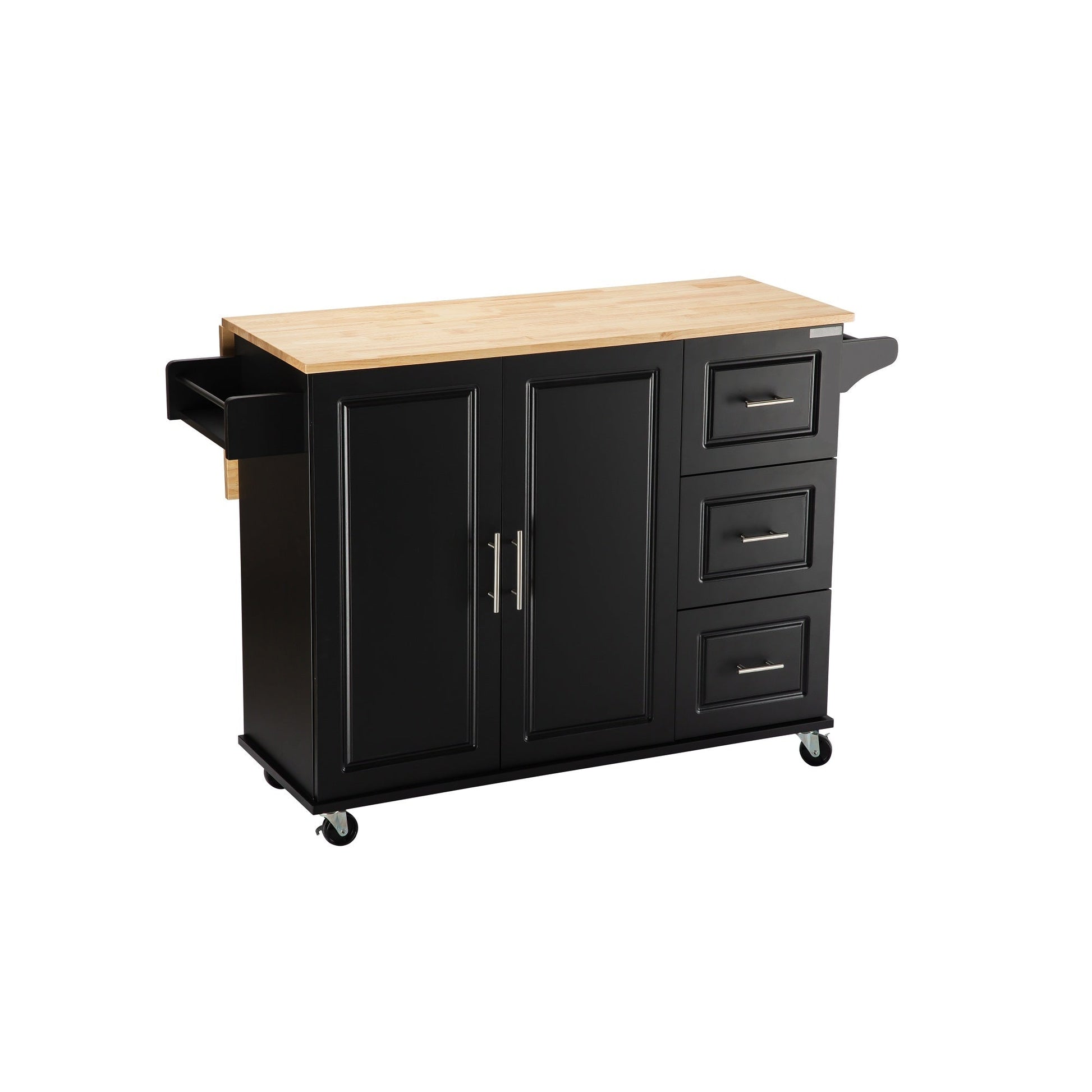 Kitchen Island & Kitchen Cart, Mobile Kitehcn Island with Extensible Rubber Wood Table Top,adjustable Shelf Inside Cabinet for Different Utensils, 3 Big Drawers, with Spice Rack, Towel Rack, Black - Bee - 1st Choice Furniture Direct