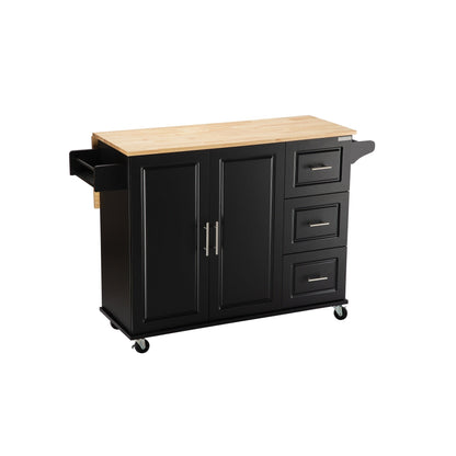 Kitchen Island & Kitchen Cart, Mobile Kitehcn Island with Extensible Rubber Wood Table Top,adjustable Shelf Inside Cabinet for Different Utensils, 3 Big Drawers, with Spice Rack, Towel Rack, Black - Bee - 1st Choice Furniture Direct