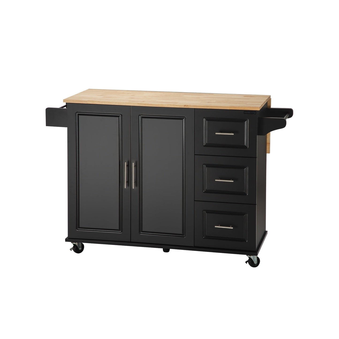 Kitchen Island & Kitchen Cart, Mobile Kitehcn Island with Extensible Rubber Wood Table Top,adjustable Shelf Inside Cabinet for Different Utensils, 3 Big Drawers, with Spice Rack, Towel Rack, Black - Bee - 1st Choice Furniture Direct