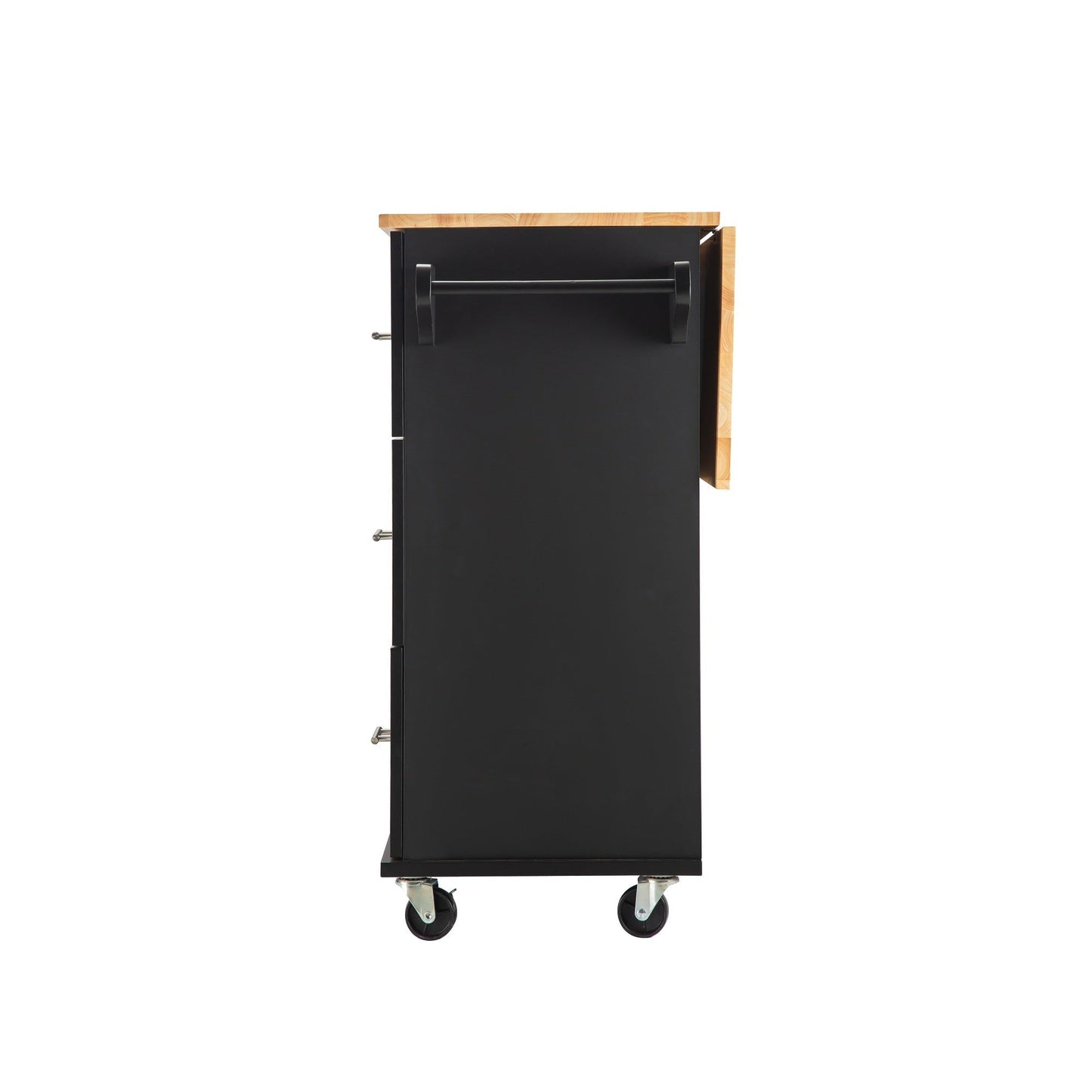 Kitchen Island & Kitchen Cart, Mobile Kitehcn Island with Extensible Rubber Wood Table Top,adjustable Shelf Inside Cabinet for Different Utensils, 3 Big Drawers, with Spice Rack, Towel Rack, Black - Bee - 1st Choice Furniture Direct