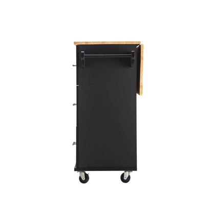 Kitchen Island & Kitchen Cart, Mobile Kitehcn Island with Extensible Rubber Wood Table Top,adjustable Shelf Inside Cabinet for Different Utensils, 3 Big Drawers, with Spice Rack, Towel Rack, Black - Bee - 1st Choice Furniture Direct