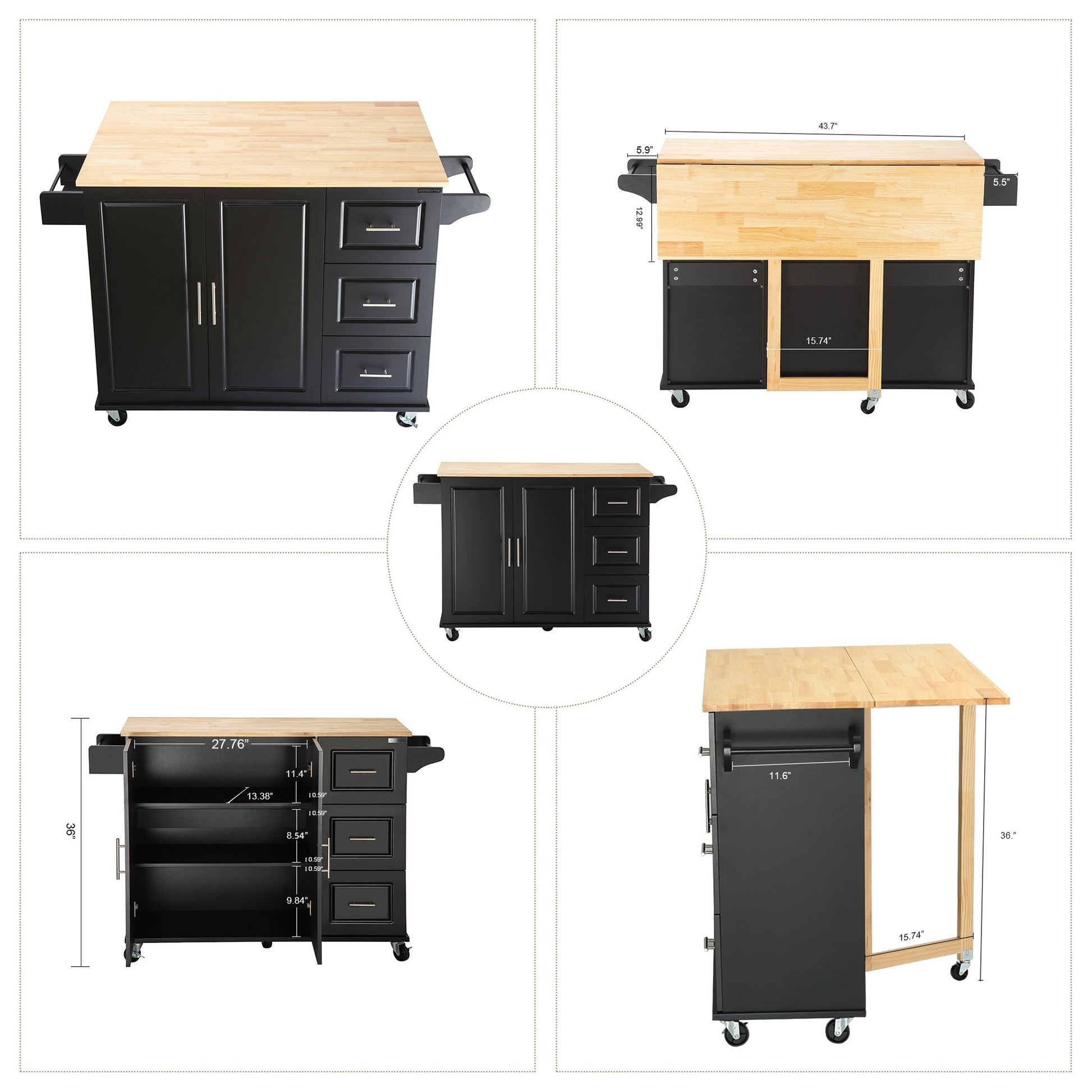 Kitchen Island & Kitchen Cart, Mobile Kitehcn Island with Extensible Rubber Wood Table Top,adjustable Shelf Inside Cabinet for Different Utensils, 3 Big Drawers, with Spice Rack, Towel Rack, Black - Bee - 1st Choice Furniture Direct
