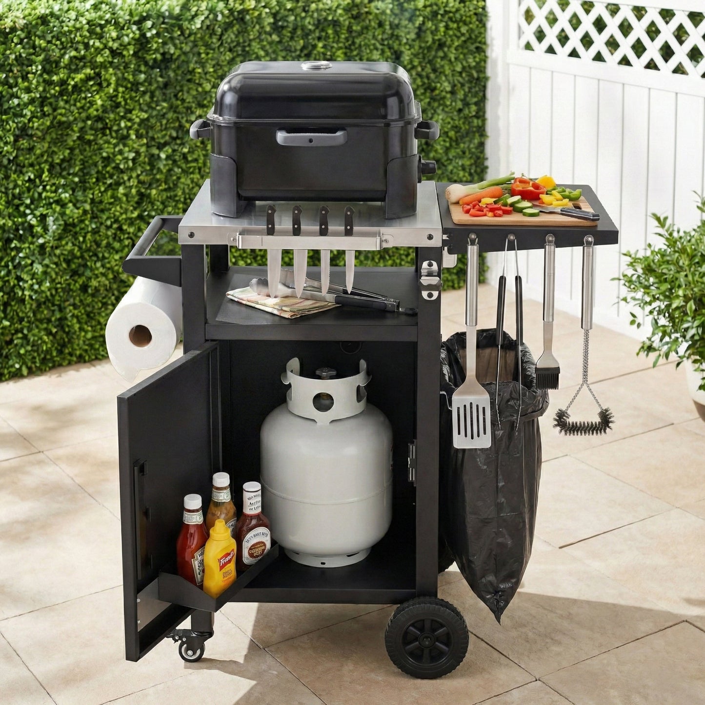 K&K 33.9' Outdoor Grill Cart with Drop Leaf, Outdoor Metal Bar Cart Pizza Oven Table with Wheels, Stainless Steel Top, Outdoor Kitchen Island with Storage Cabinet & Spice & Paper Rack for BBQ, Waterpr - 1st Choice Furniture Direct