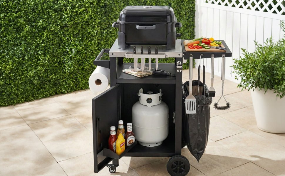 K&K 33.9' Outdoor Grill Cart with Drop Leaf, Outdoor Metal Bar Cart Pizza Oven Table with Wheels, Stainless Steel Top, Outdoor Kitchen Island with Storage Cabinet & Spice & Paper Rack for BBQ, Waterpr - 1st Choice Furniture Direct