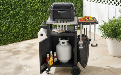 K&K 33.9' Outdoor Grill Cart with Drop Leaf, Outdoor Metal Bar Cart Pizza Oven Table with Wheels, Stainless Steel Top, Outdoor Kitchen Island with Storage Cabinet & Spice & Paper Rack for BBQ, Waterpr - 1st Choice Furniture Direct