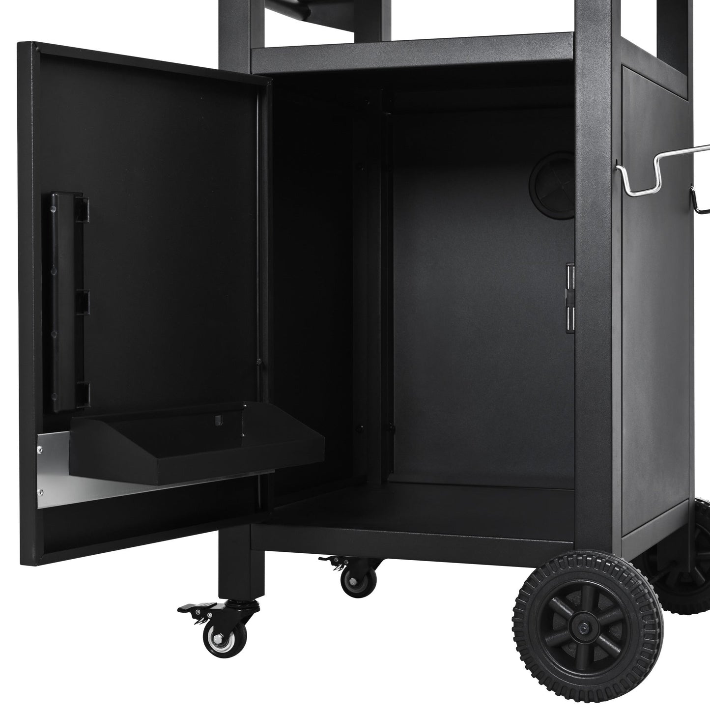K&K 33.9' Outdoor Grill Cart with Drop Leaf, Outdoor Metal Bar Cart Pizza Oven Table with Wheels, Stainless Steel Top, Outdoor Kitchen Island with Storage Cabinet & Spice & Paper Rack for BBQ, Waterpr - 1st Choice Furniture Direct