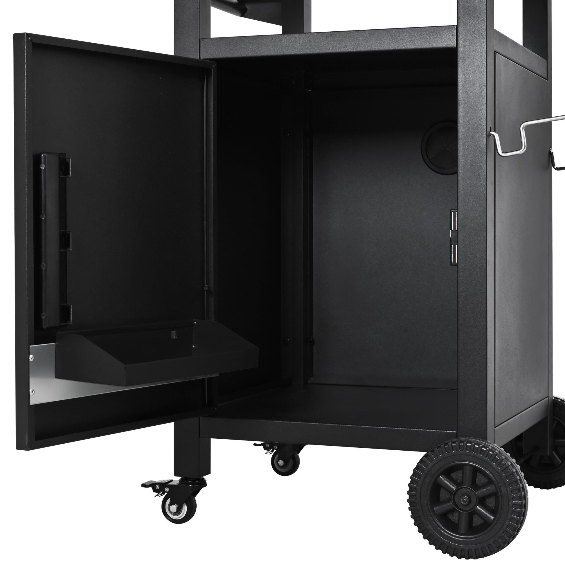 K&K 33.9' Outdoor Grill Cart with Drop Leaf, Outdoor Metal Bar Cart Pizza Oven Table with Wheels, Stainless Steel Top, Outdoor Kitchen Island with Storage Cabinet & Spice & Paper Rack for BBQ, Waterpr - 1st Choice Furniture Direct