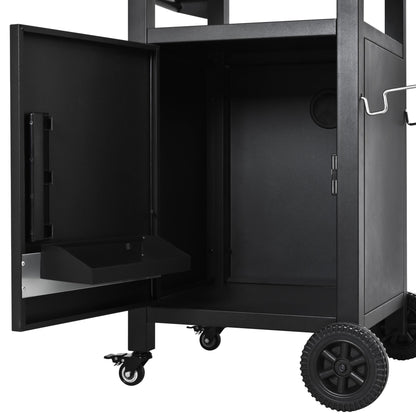 K&K 33.9' Outdoor Grill Cart with Drop Leaf, Outdoor Metal Bar Cart Pizza Oven Table with Wheels, Stainless Steel Top, Outdoor Kitchen Island with Storage Cabinet & Spice & Paper Rack for BBQ, Waterpr - 1st Choice Furniture Direct