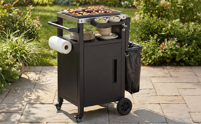 K&K 33.9' Outdoor Grill Cart with Drop Leaf, Outdoor Metal Bar Cart Pizza Oven Table with Wheels, Stainless Steel Top, Outdoor Kitchen Island with Storage Cabinet & Spice & Paper Rack for BBQ, Waterpr - 1st Choice Furniture Direct