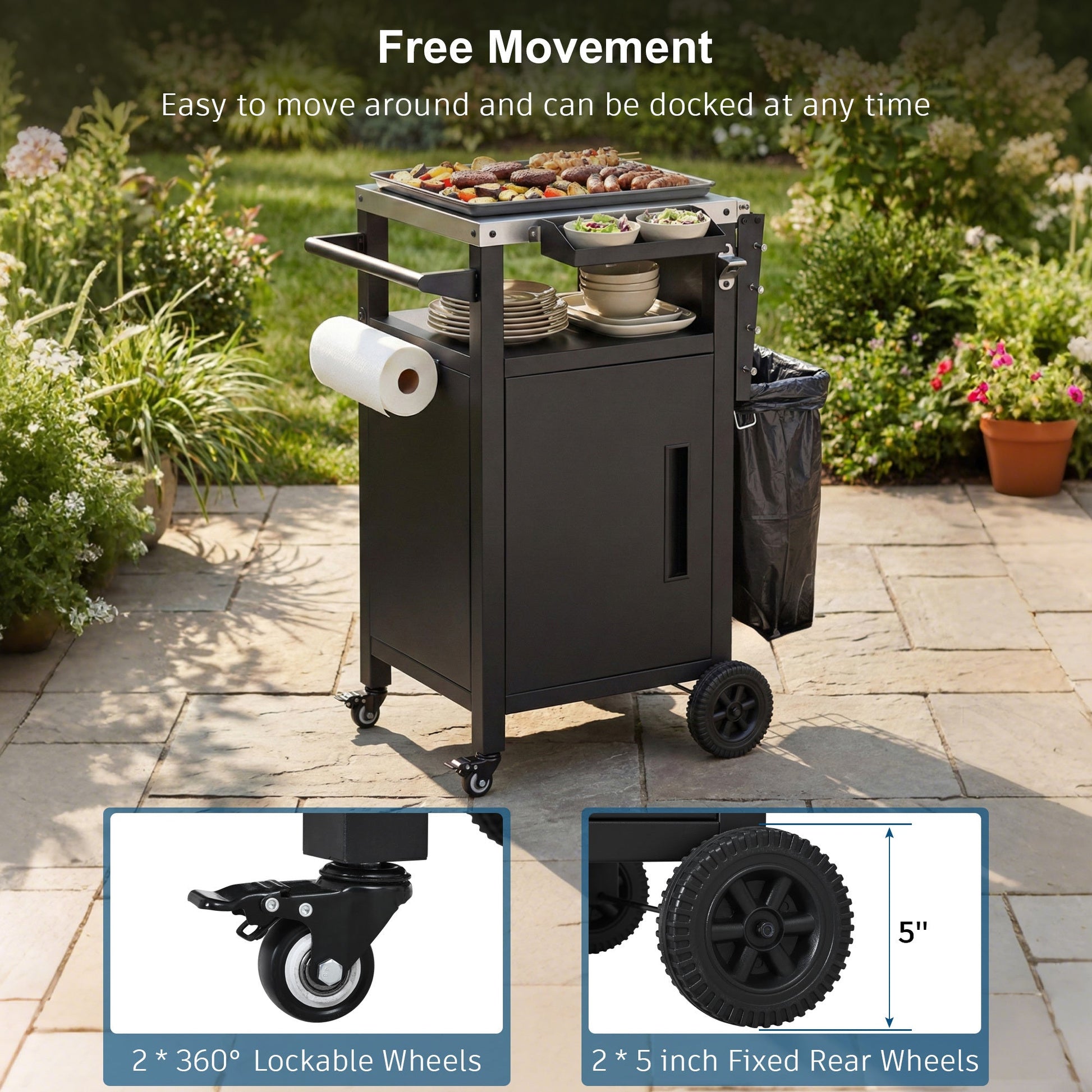 K&K 33.9' Outdoor Grill Cart with Drop Leaf, Outdoor Metal Bar Cart Pizza Oven Table with Wheels, Stainless Steel Top, Outdoor Kitchen Island with Storage Cabinet & Spice & Paper Rack for BBQ, Waterpr - 1st Choice Furniture Direct