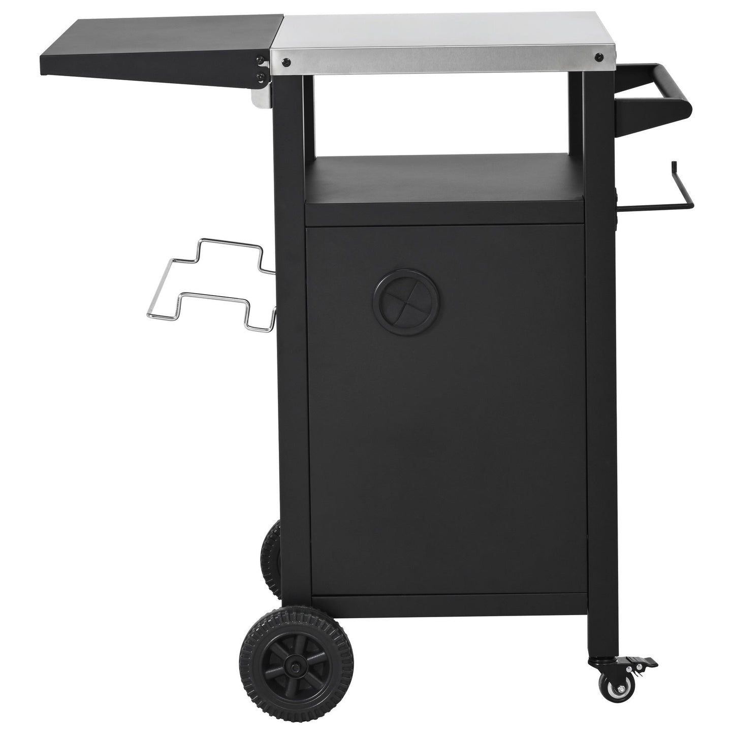 K&K 33.9' Outdoor Grill Cart with Drop Leaf, Outdoor Metal Bar Cart Pizza Oven Table with Wheels, Stainless Steel Top, Outdoor Kitchen Island with Storage Cabinet & Spice & Paper Rack for BBQ, Waterpr - 1st Choice Furniture Direct
