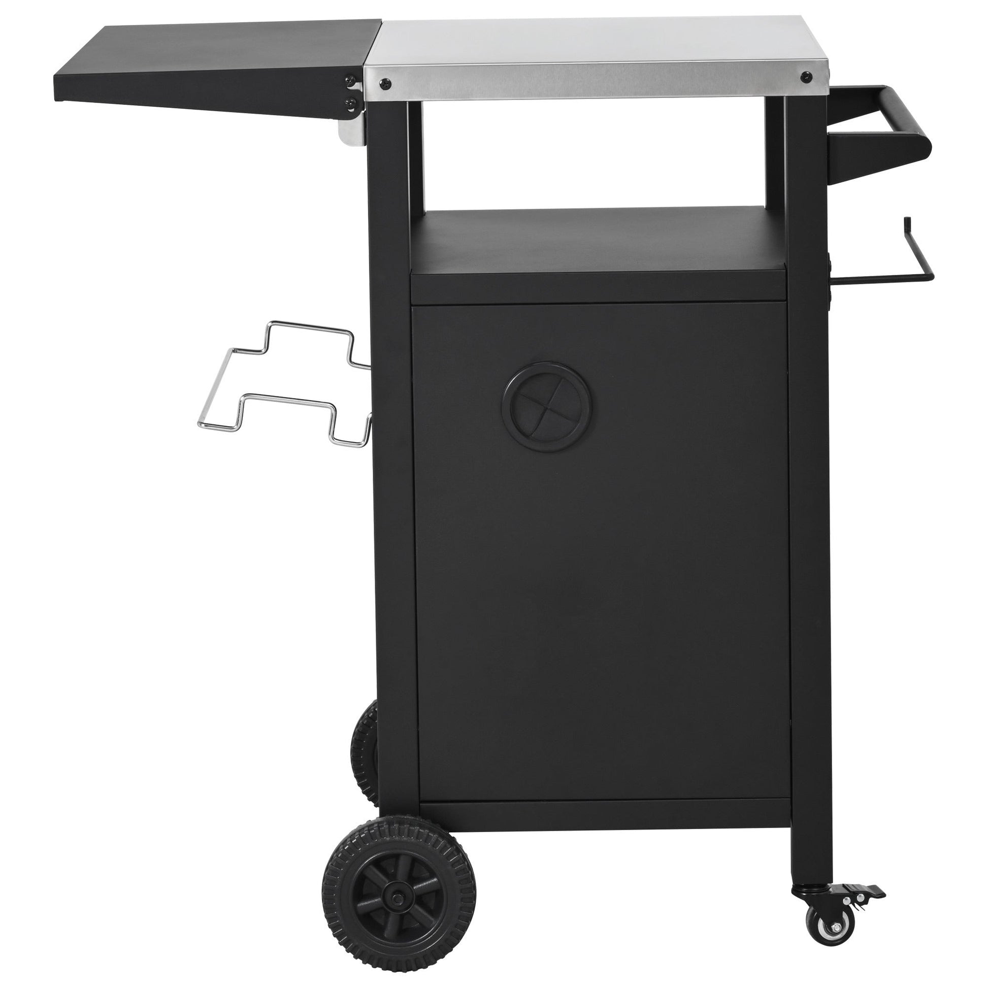 K&K 33.9' Outdoor Grill Cart with Drop Leaf, Outdoor Metal Bar Cart Pizza Oven Table with Wheels, Stainless Steel Top, Outdoor Kitchen Island with Storage Cabinet & Spice & Paper Rack for BBQ, Waterpr - 1st Choice Furniture Direct