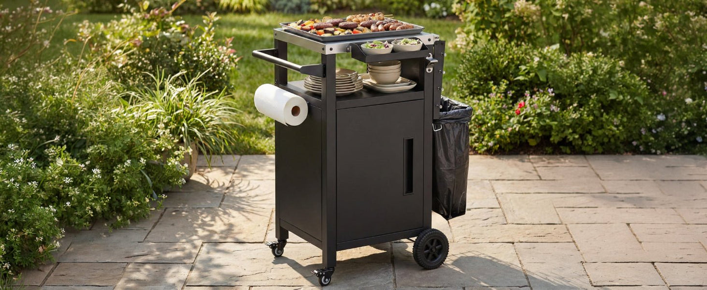 K&K 33.9' Outdoor Grill Cart with Drop Leaf, Outdoor Metal Bar Cart Pizza Oven Table with Wheels, Stainless Steel Top, Outdoor Kitchen Island with Storage Cabinet & Spice & Paper Rack for BBQ, Waterpr - 1st Choice Furniture Direct