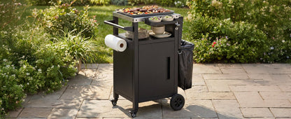 K&K 33.9' Outdoor Grill Cart with Drop Leaf, Outdoor Metal Bar Cart Pizza Oven Table with Wheels, Stainless Steel Top, Outdoor Kitchen Island with Storage Cabinet & Spice & Paper Rack for BBQ, Waterpr - 1st Choice Furniture Direct