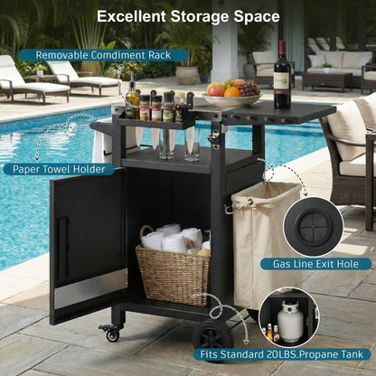 K&K 33.9' Outdoor Grill Cart with Drop Leaf, Outdoor Metal Bar Cart Pizza Oven Table with Wheels, Stainless Steel Top, Outdoor Kitchen Island with Storage Cabinet & Spice & Paper Rack for BBQ, Waterpr - 1st Choice Furniture Direct