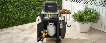 K&K 33.9' Outdoor Grill Cart with Drop Leaf, Outdoor Metal Bar Cart Pizza Oven Table with Wheels, Stainless Steel Top, Outdoor Kitchen Island with Storage Cabinet & Spice & Paper Rack for BBQ, Waterpr - 1st Choice Furniture Direct