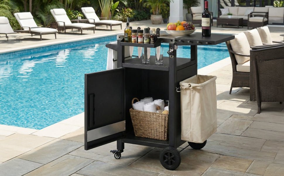 K&K 33.9' Outdoor Grill Cart with Drop Leaf, Outdoor Metal Bar Cart Pizza Oven Table with Wheels, Stainless Steel Top, Outdoor Kitchen Island with Storage Cabinet & Spice & Paper Rack for BBQ, Waterpr - 1st Choice Furniture Direct