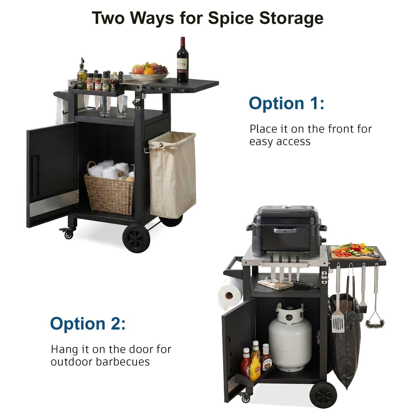 K&K 33.9' Outdoor Grill Cart with Drop Leaf, Outdoor Metal Bar Cart Pizza Oven Table with Wheels, Stainless Steel Top, Outdoor Kitchen Island with Storage Cabinet & Spice & Paper Rack for BBQ, Waterpr - 1st Choice Furniture Direct