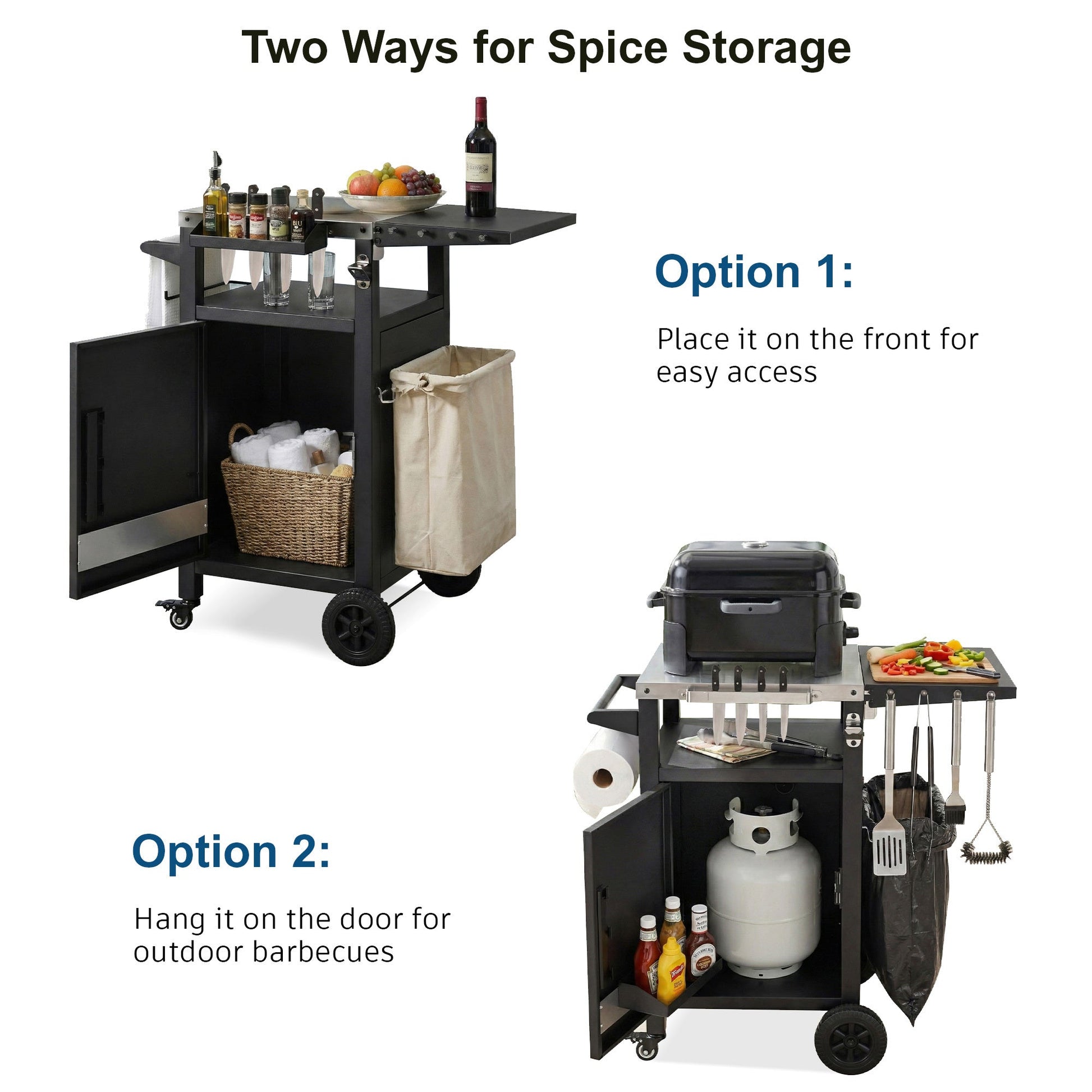 K&K 33.9' Outdoor Grill Cart with Drop Leaf, Outdoor Metal Bar Cart Pizza Oven Table with Wheels, Stainless Steel Top, Outdoor Kitchen Island with Storage Cabinet & Spice & Paper Rack for BBQ, Waterpr - 1st Choice Furniture Direct