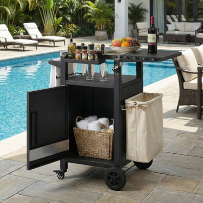 K&K 33.9' Outdoor Grill Cart with Drop Leaf, Outdoor Metal Bar Cart Pizza Oven Table with Wheels, Stainless Steel Top, Outdoor Kitchen Island with Storage Cabinet & Spice & Paper Rack for BBQ, Waterpr - 1st Choice Furniture Direct