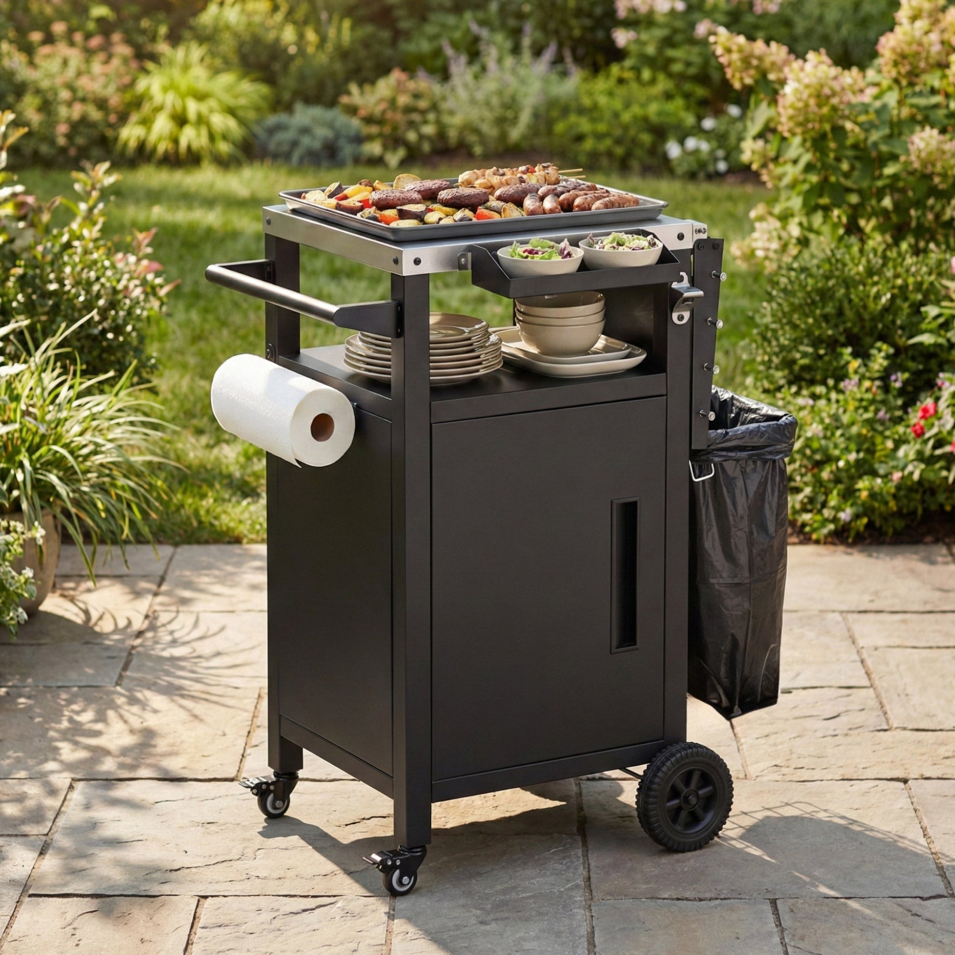 K&K 33.9' Outdoor Grill Cart with Drop Leaf, Outdoor Metal Bar Cart Pizza Oven Table with Wheels, Stainless Steel Top, Outdoor Kitchen Island with Storage Cabinet & Spice & Paper Rack for BBQ, Waterpr - 1st Choice Furniture Direct