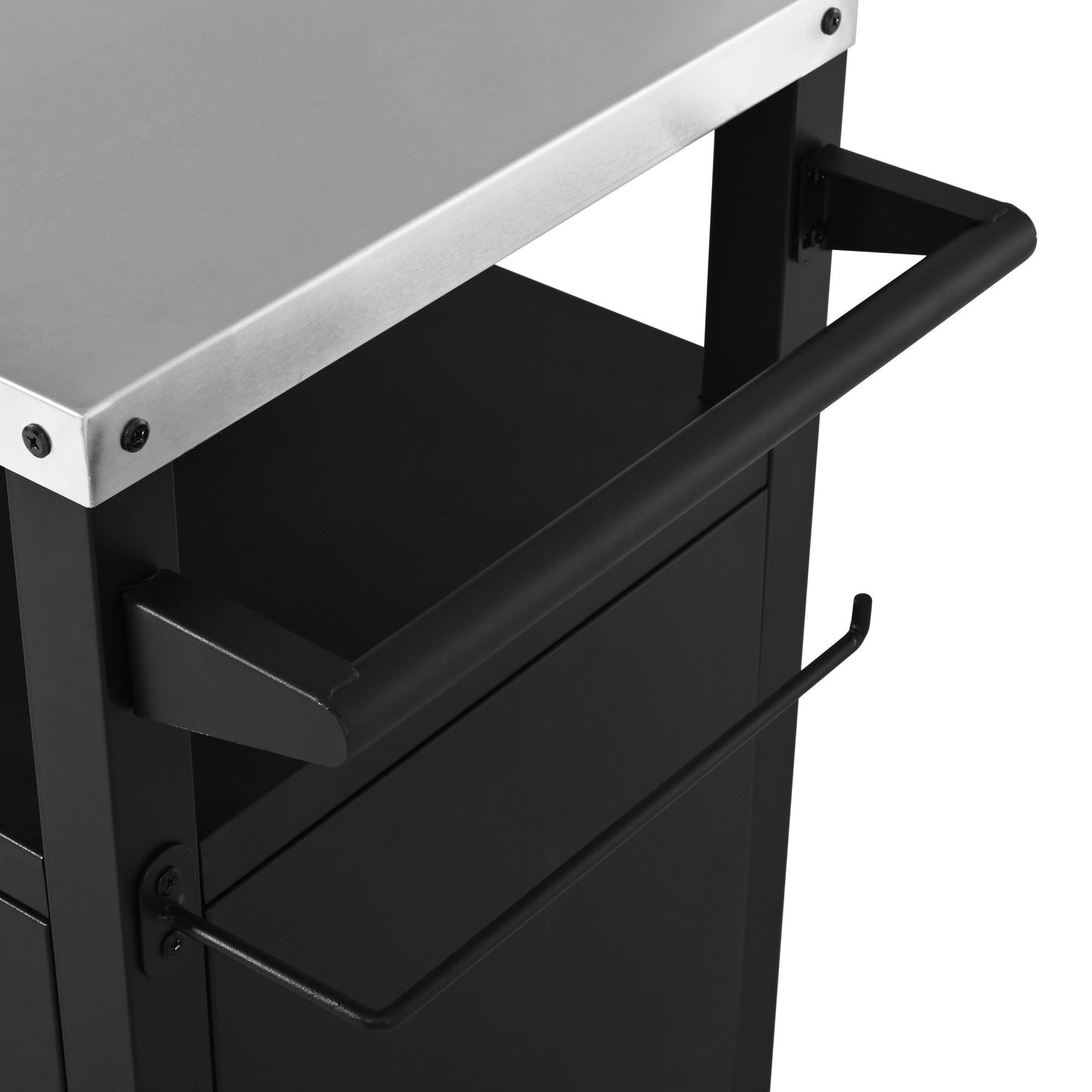 K&K 33.9' Outdoor Grill Cart with Drop Leaf, Outdoor Metal Bar Cart Pizza Oven Table with Wheels, Stainless Steel Top, Outdoor Kitchen Island with Storage Cabinet & Spice & Paper Rack for BBQ, Waterpr - 1st Choice Furniture Direct