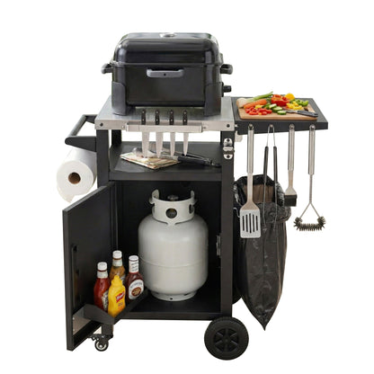 K&K 33.9' Outdoor Grill Cart with Drop Leaf, Outdoor Metal Bar Cart Pizza Oven Table with Wheels, Stainless Steel Top, Outdoor Kitchen Island with Storage Cabinet & Spice & Paper Rack for BBQ, Waterpr - 1st Choice Furniture Direct