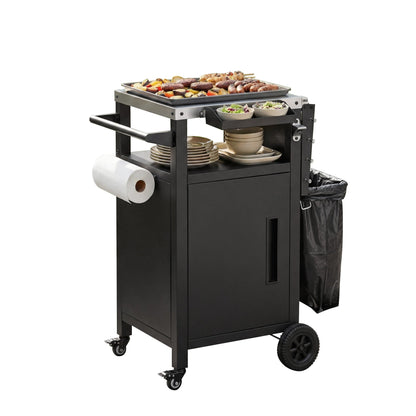K&K 33.9' Outdoor Grill Cart with Drop Leaf, Outdoor Metal Bar Cart Pizza Oven Table with Wheels, Stainless Steel Top, Outdoor Kitchen Island with Storage Cabinet & Spice & Paper Rack for BBQ, Waterpr - 1st Choice Furniture Direct