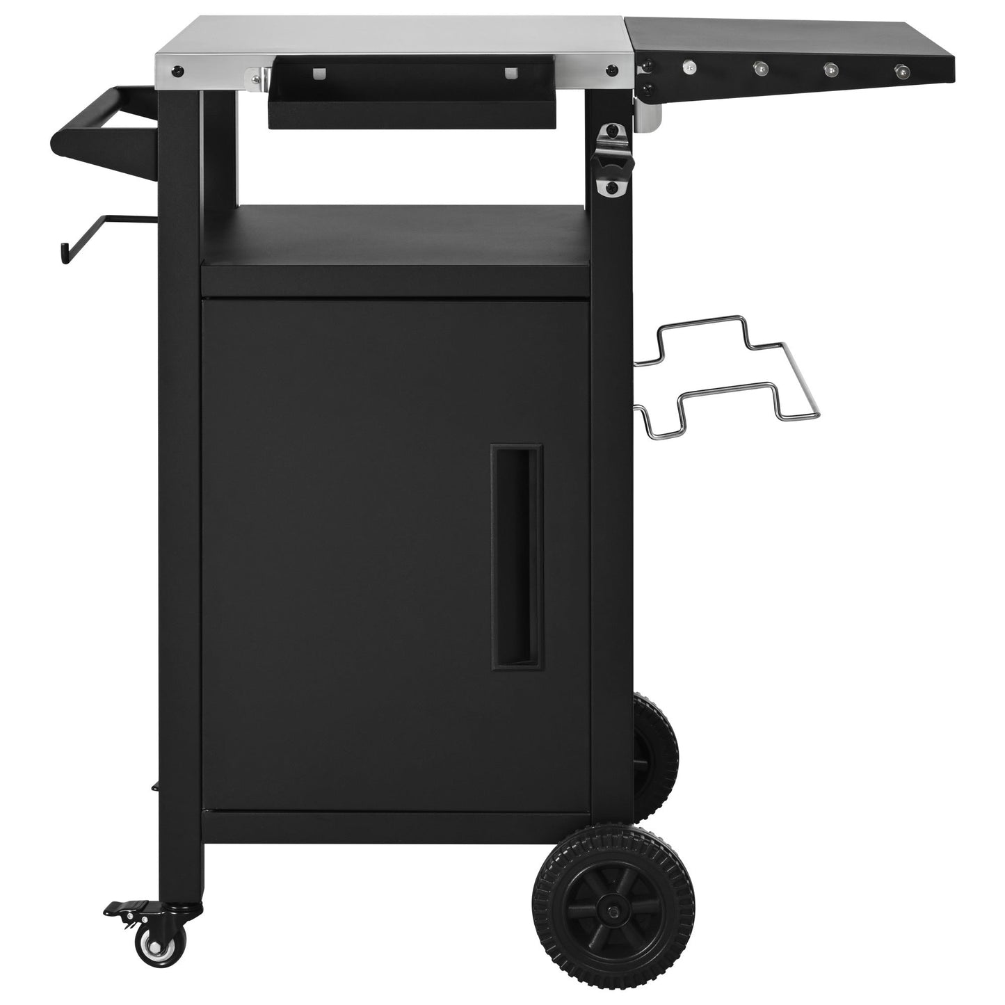 K&K 33.9' Outdoor Grill Cart with Drop Leaf, Outdoor Metal Bar Cart Pizza Oven Table with Wheels, Stainless Steel Top, Outdoor Kitchen Island with Storage Cabinet & Spice & Paper Rack for BBQ, Waterpr - 1st Choice Furniture Direct