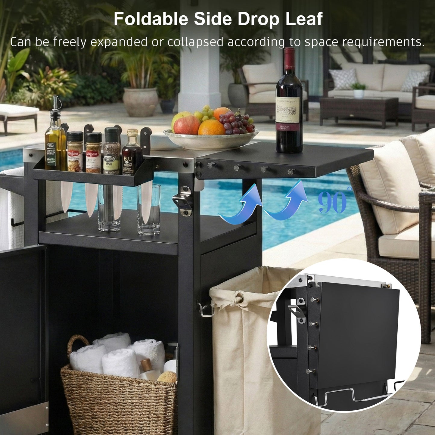 K&K 33.9' Outdoor Grill Cart with Drop Leaf, Outdoor Metal Bar Cart Pizza Oven Table with Wheels, Stainless Steel Top, Outdoor Kitchen Island with Storage Cabinet & Spice & Paper Rack for BBQ, Waterpr - 1st Choice Furniture Direct