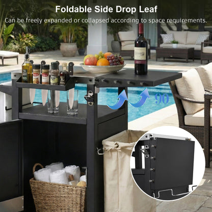 K&K 33.9' Outdoor Grill Cart with Drop Leaf, Outdoor Metal Bar Cart Pizza Oven Table with Wheels, Stainless Steel Top, Outdoor Kitchen Island with Storage Cabinet & Spice & Paper Rack for BBQ, Waterpr - 1st Choice Furniture Direct