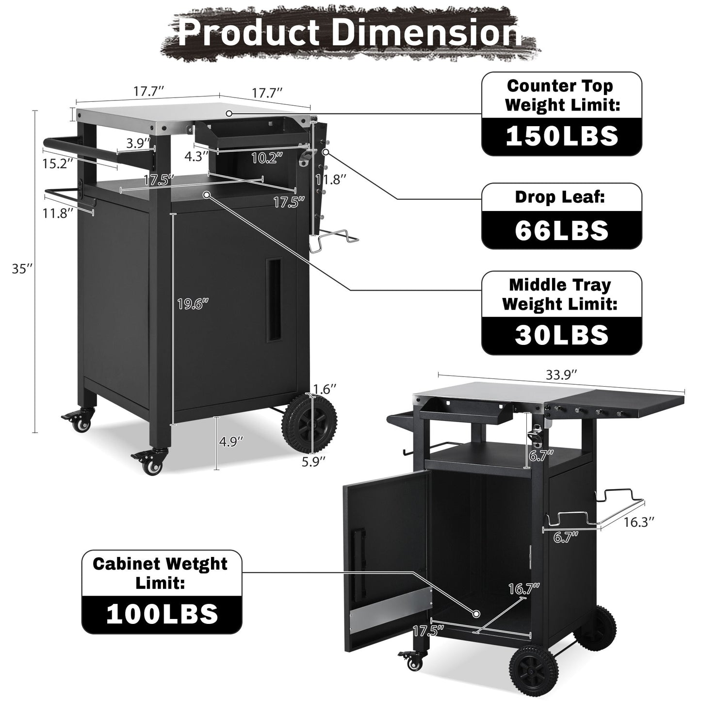 K&K 33.9' Outdoor Grill Cart with Drop Leaf, Outdoor Metal Bar Cart Pizza Oven Table with Wheels, Stainless Steel Top, Outdoor Kitchen Island with Storage Cabinet & Spice & Paper Rack for BBQ, Waterpr - 1st Choice Furniture Direct