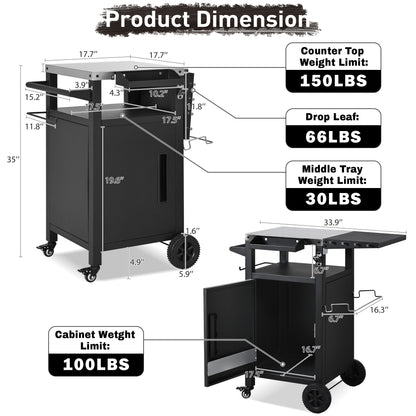 K&K 33.9' Outdoor Grill Cart with Drop Leaf, Outdoor Metal Bar Cart Pizza Oven Table with Wheels, Stainless Steel Top, Outdoor Kitchen Island with Storage Cabinet & Spice & Paper Rack for BBQ, Waterpr - 1st Choice Furniture Direct