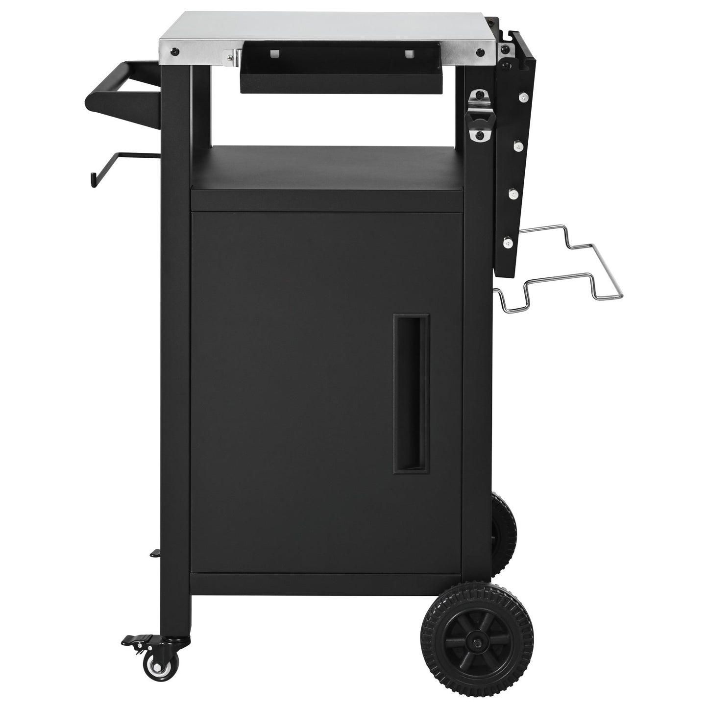 K&K 33.9' Outdoor Grill Cart with Drop Leaf, Outdoor Metal Bar Cart Pizza Oven Table with Wheels, Stainless Steel Top, Outdoor Kitchen Island with Storage Cabinet & Spice & Paper Rack for BBQ, Waterpr - 1st Choice Furniture Direct
