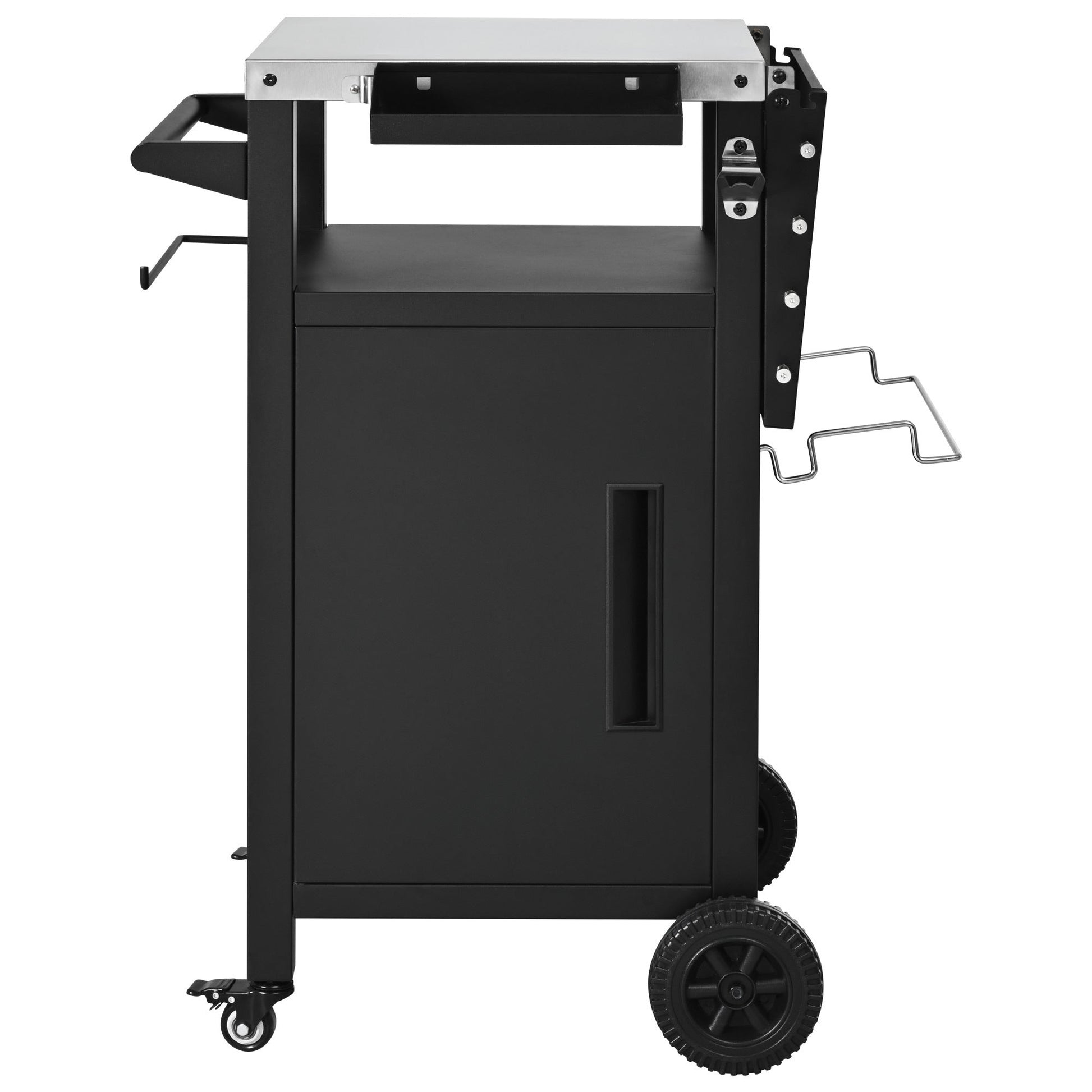 K&K 33.9' Outdoor Grill Cart with Drop Leaf, Outdoor Metal Bar Cart Pizza Oven Table with Wheels, Stainless Steel Top, Outdoor Kitchen Island with Storage Cabinet & Spice & Paper Rack for BBQ, Waterpr - 1st Choice Furniture Direct